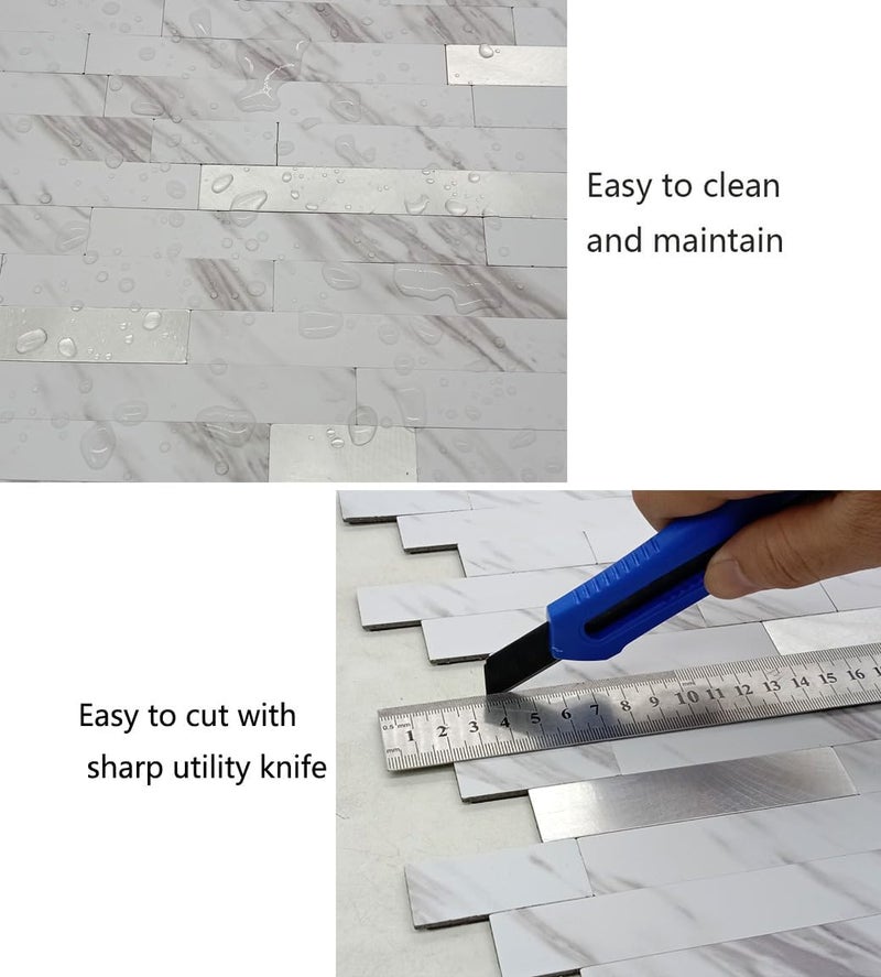 weimeisc 10 Sheets Peel and Stick Backsplash Tile for Kitchen, Self-Adhesive Mosaic Tile, Stick on Bathroom Vanities，Fireplace Décor, Laundry Table (White Marble+Frosted Silver) - Image 5